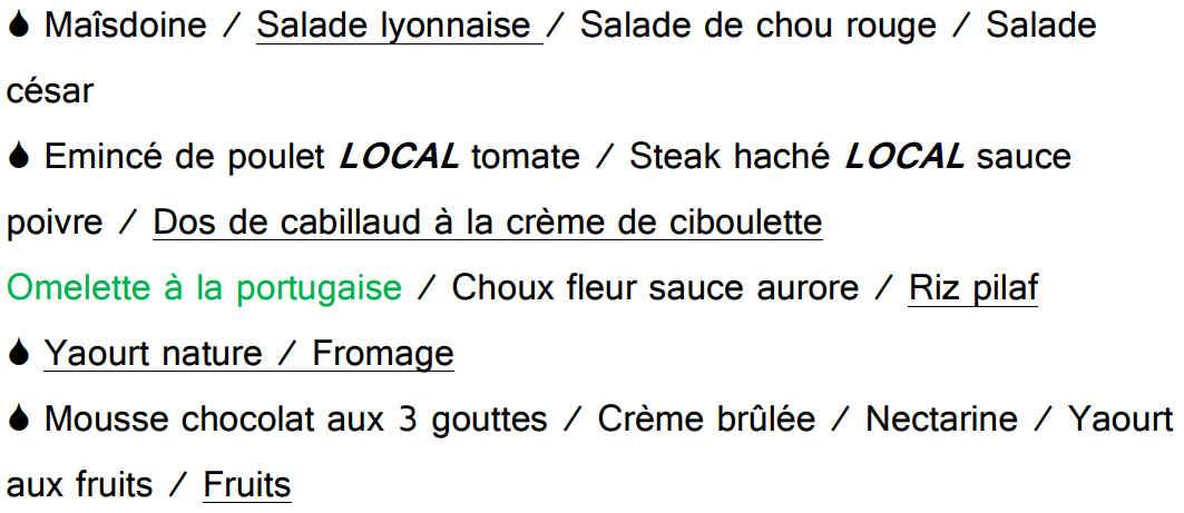Menu du lundi midi