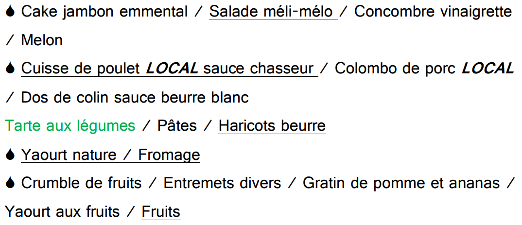 Menu du mardi midi