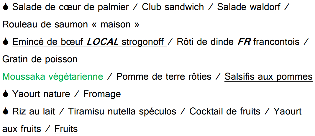 Menu du mercredi midi